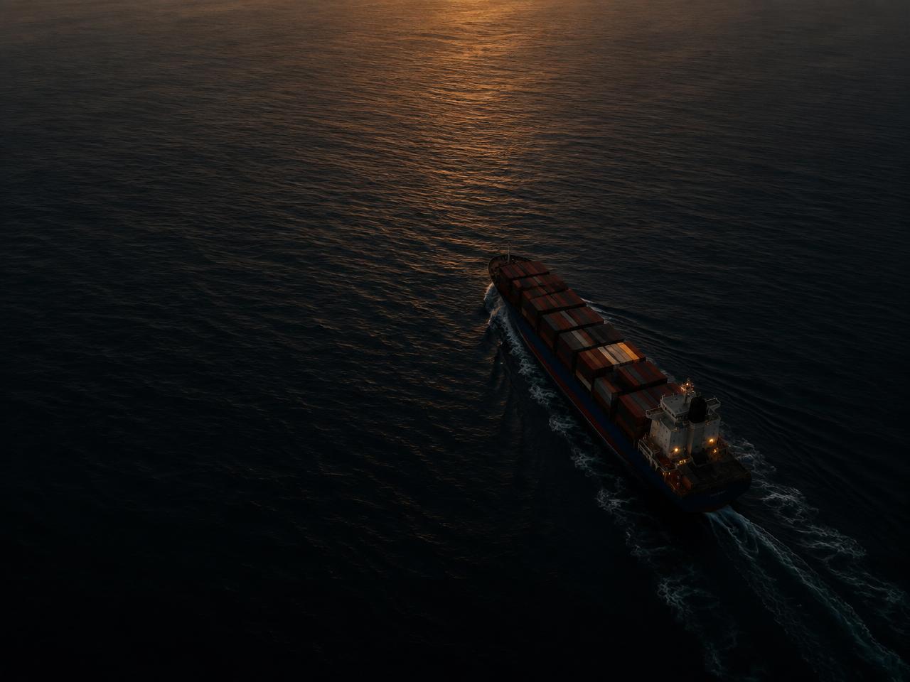 Navio porta-containers navegando em mar aberto ao entardecer