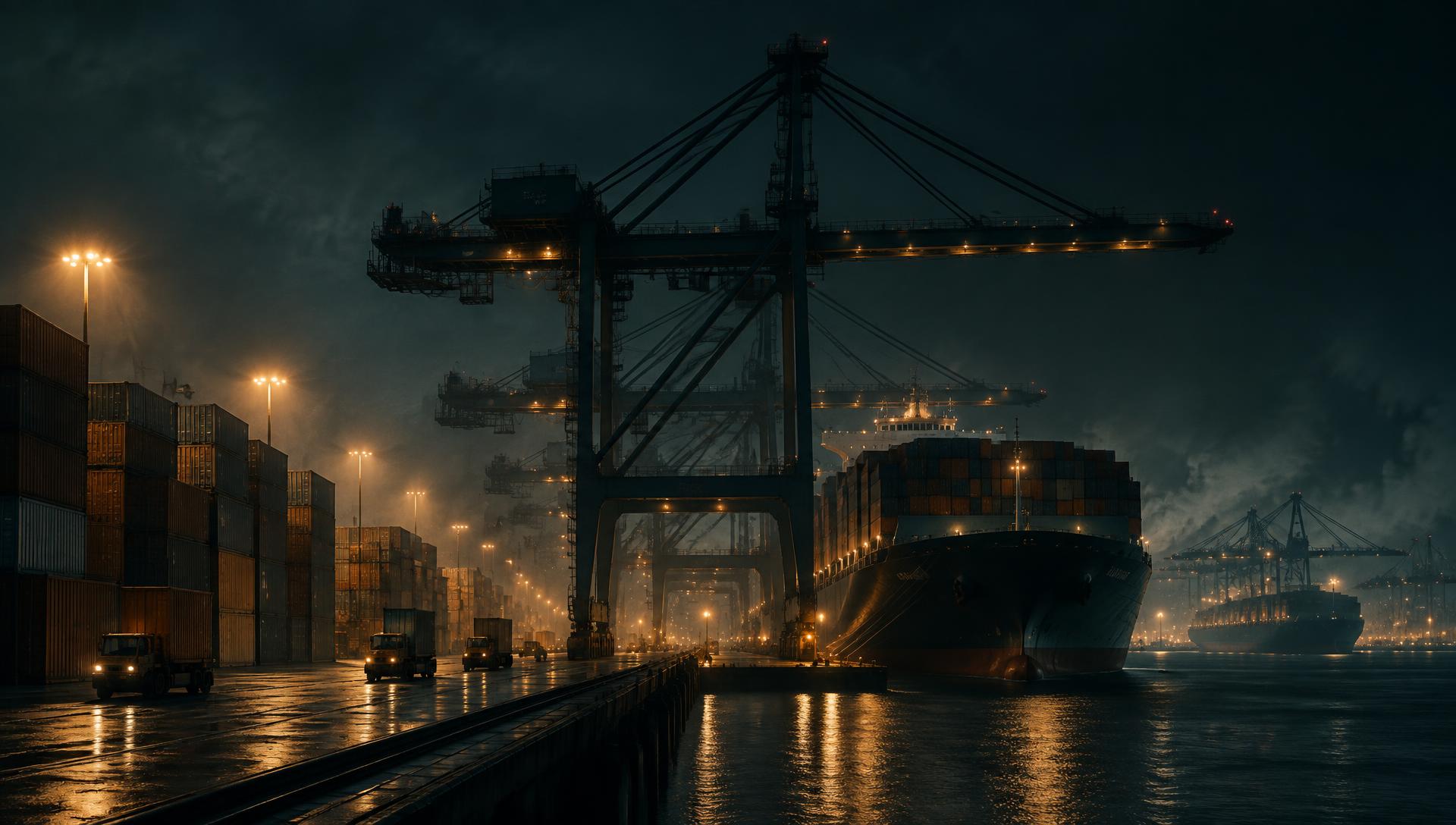 Porto de containers ao anoitecer com navio atracado e guindastes